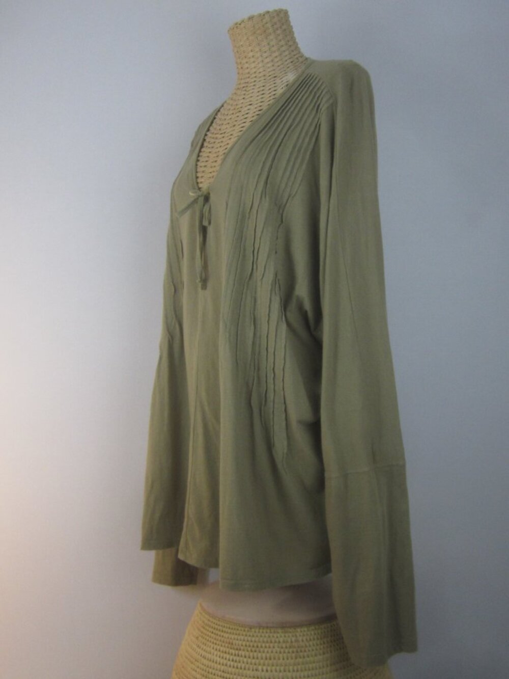 CP Shades Women XL Khaki Olive Green Pleated LS CottonTop Tunic Shirt Ties USA